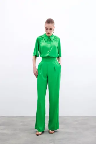 Pocketed Relaxed Satin Pants - Light Green-LIGHT GREEN 
