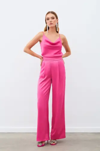 Pockets Slouchy Satin Trousers - Fuchsia - FUCHSIA - 1