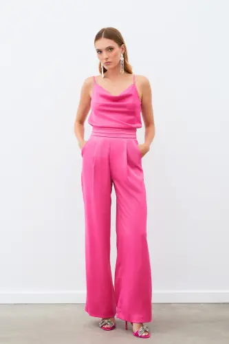 Pockets Slouchy Satin Trousers - Fuchsia - FUCHSIA - 3