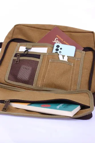 Почтовая сумка GK61 из канваса с несколькими отделениями, университетская сумка через плечо, сумка для MacBook и планшета, цвет песок - 5