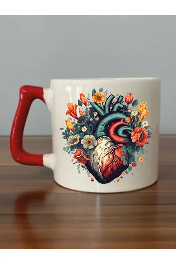 Подарочные кружки с цветочной сердцевиной и красной ручкой - Керамическая чайная, кофейная кружка для подарка - 1