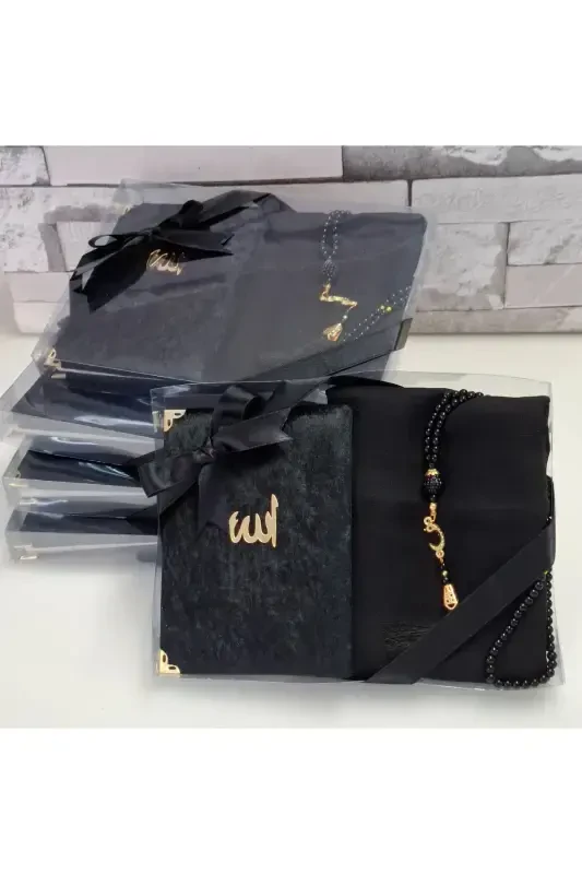 Подарочный бархатный Ясин с флажком, платок, жемчужный тасбих, комплект для мевлида, набор для приданого жениха, 5 штук - черный. - HIRA TASARIM