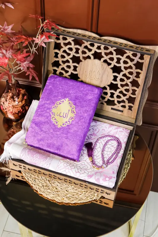 Подарочный набор Коран Рахле Деревянная подставка для Корана Бархатный Коран Жемчужный тасбих Набор молитвенных ковриков - HAC UMRE HEDIYELIK