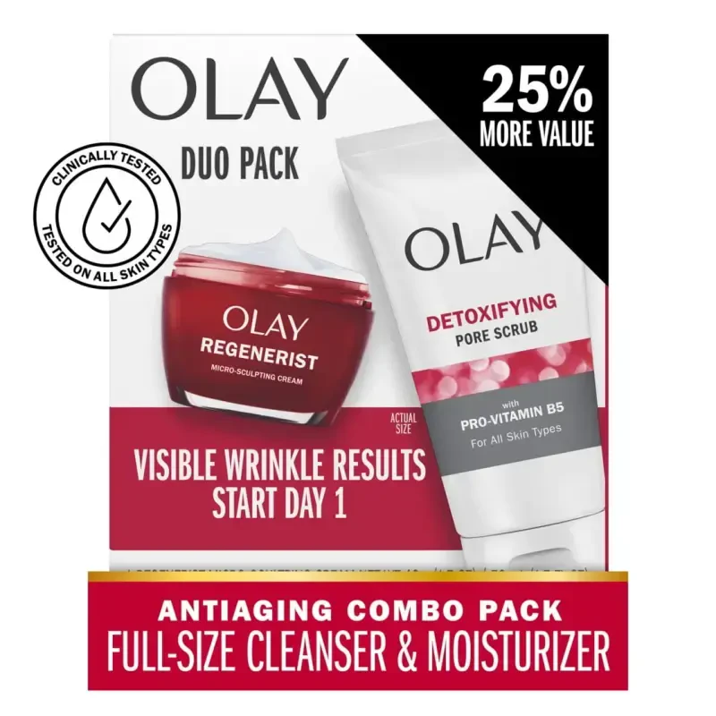 Подарочный набор Olay, 2 шт. очищающее средство для лица Regenerist и антивозрастной увлажняющий крем для лица, 5.0 жидких унций / 1.7 унций - OLAY