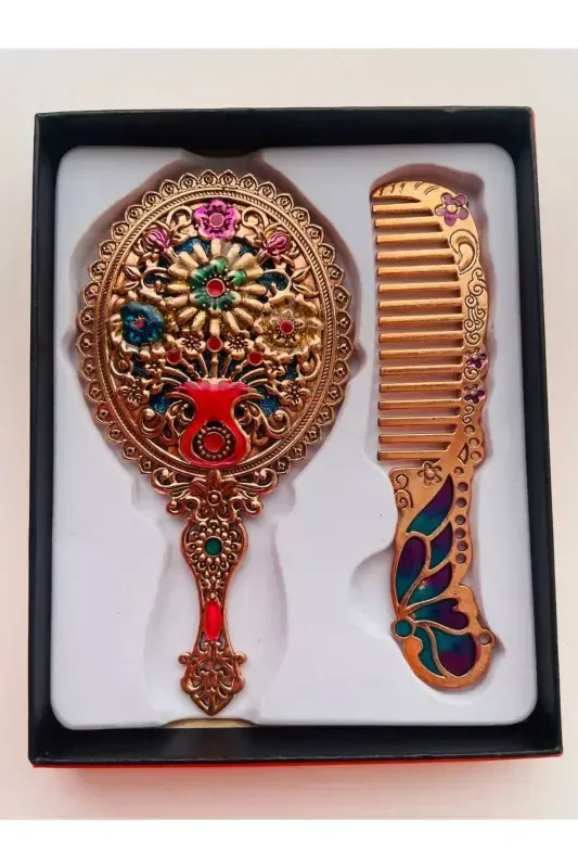 Подарочный Набор Зеркало Расческа, Цветочный, Металл, 15x12-Золотой - GALATA GIFT