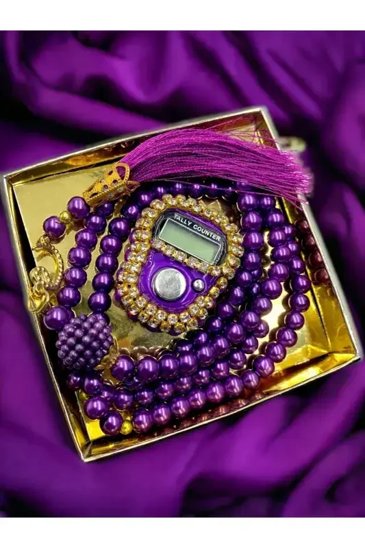 Подарочный набор зикрматик и четок с камнями в коробке - фиолетовый - 1