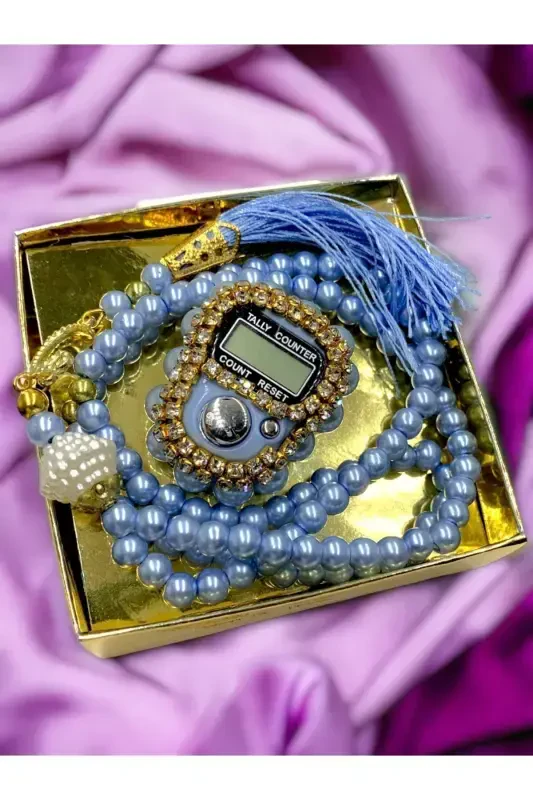 Подарочный набор зикрматик и четок с камнями в коробке - небесно-голубой - MEDIPEK