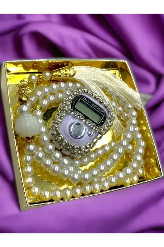 Подарочный набор зикрматик и тасбих с камнями в коробке - белый - MEDIPEK