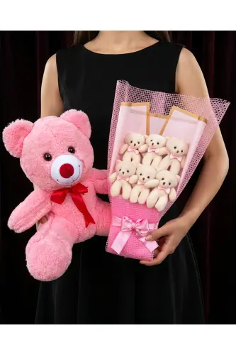 Подарок для девушки - Розовая плюшевая игрушка 35 см и букет из 6 плюшевых игрушек - Подарок на день рождения - 1