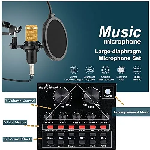 Podcast Equipment Bundle, BM-800 Recording Studio Package with Voice Changer, Live Sound Card - Audio Interface for Laptop Computer Vlog Living Broadcast Live Streaming YouTube TikTok (AM100-V8) - 4