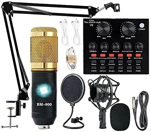Podcast Equipment Bundle, BM-800 Recording Studio Package with Voice Changer, Live Sound Card - Audio Interface for Laptop Computer Vlog Living Broadcast Live Streaming YouTube TikTok (AM100-V8) - SKTOME (1)