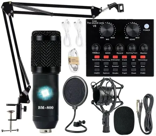 Podcast Equipment Bundle, BM-800 Condenser with Voice Changer, Recording Studio Package - Podcast Microphone Bundle for Laptop, Streaming/Live Broadcast/YouTube Recording (AM200-V8) 