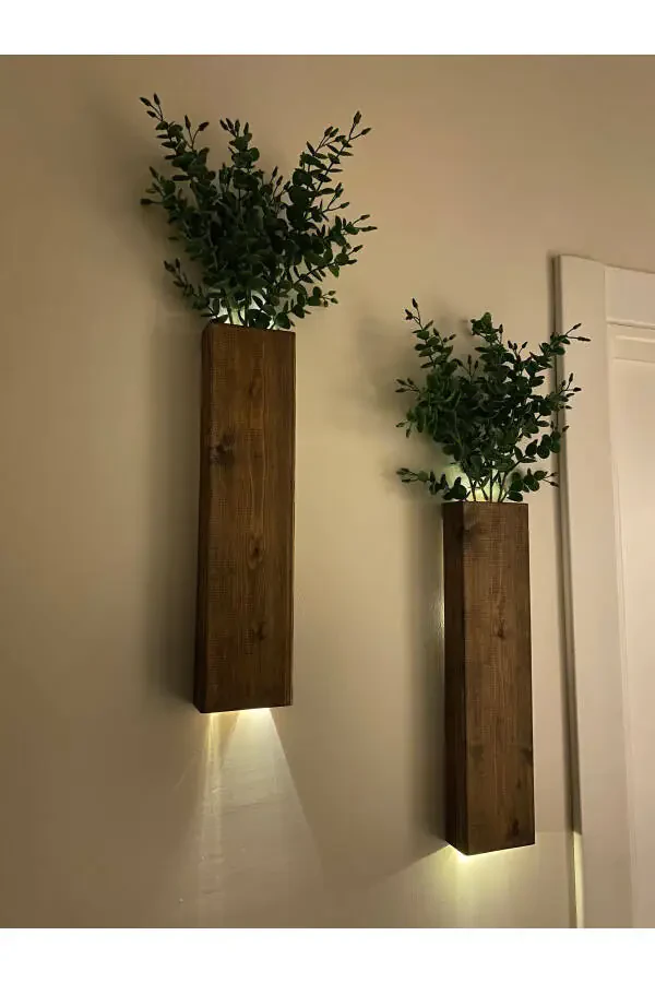 Подставка для цветов из дерева с 2 светодиодными лампочками на батарейках, декоративное освещение, искусственные цветы, балконный декор, гостиница, рустикальный стиль, 40 см - 2