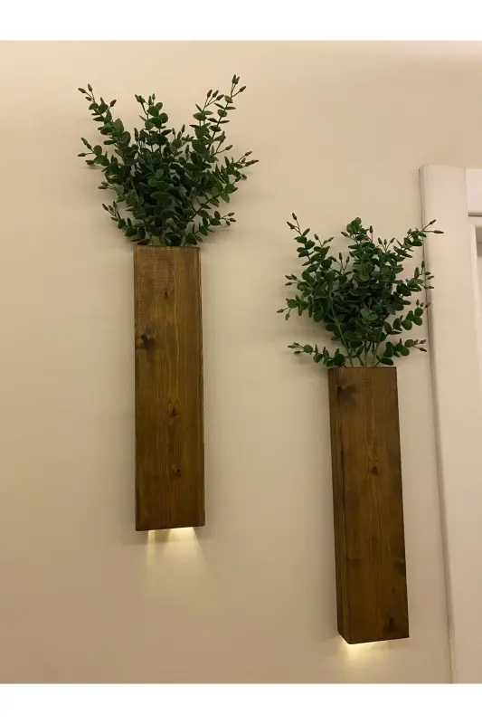 Подставка для цветов из дерева с 2 светодиодными лампочками на батарейках, декоративное освещение, искусственные цветы, балконный декор, гостиница, рустикальный стиль, 40 см - 3