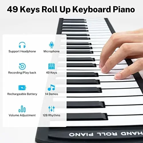 POGOLAB 49 Key Roll Up Keyboard Piano, Portable Digital Electric Foldable Piano Keyboard, Rechargeable, 47 Tones, 14 Educational Demo Songs, for Beginners Gift (Black & White Key) - MODAZONE (1)
