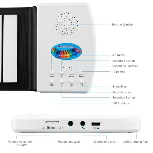 POGOLAB 49 Key Roll Up Keyboard Piano, Portable Digital Electric Foldable Piano Keyboard, Rechargeable, 47 Tones, 14 Educational Demo Songs, for Beginners Gift (Black & White Key) - 7