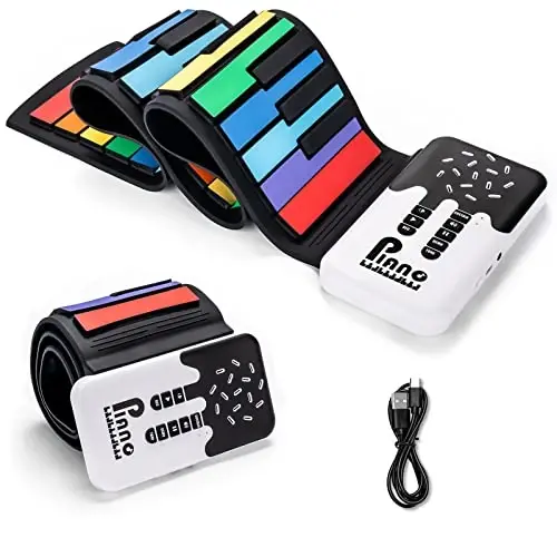 POGOLAB 49 Key Roll Up Keyboard Piano, Portable Digital Electric Foldable Piano Keyboard, Rechargeable, 8 Tones, 6 Educational Demo Songs, for Beginners Gift (Rainbow) - POGOLAB