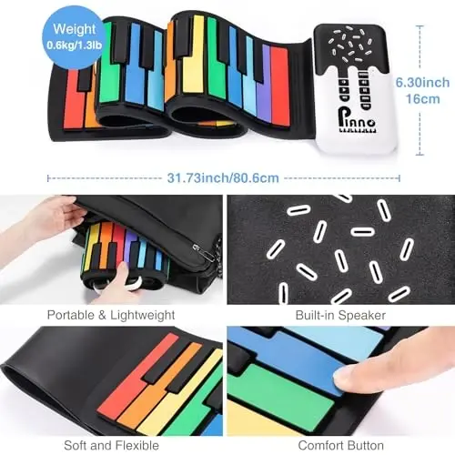 POGOLAB 49 Key Roll Up Keyboard Piano, Portable Digital Electric Foldable Piano Keyboard, Rechargeable, 8 Tones, 6 Educational Demo Songs, for Beginners Gift (Rainbow) - 5