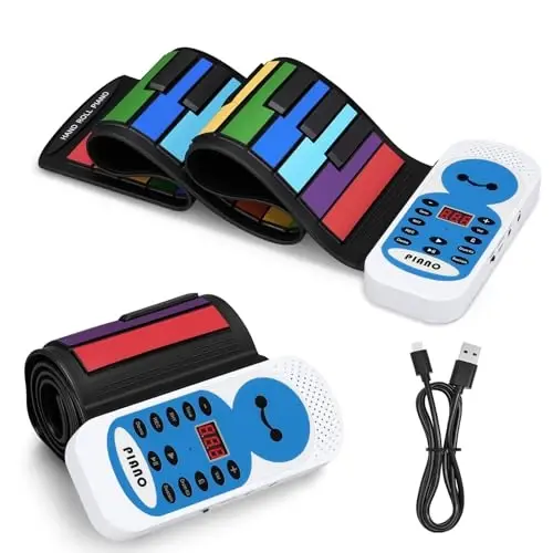 POGOLAB 49 Keys Roll Up Keyboard Piano, Portable Digital Electric Foldable Piano with LED Display, Rechargeable, 14 Demos, 128 Tons, 128 RhytModazones, for Beginners Gift 