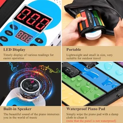 POGOLAB 49 Keys Roll Up Keyboard Piano, Portable Digital Electric Foldable Piano with LED Display, Rechargeable, 14 Demos, 128 Tons, 128 RhytModazones, for Beginners Gift - 4