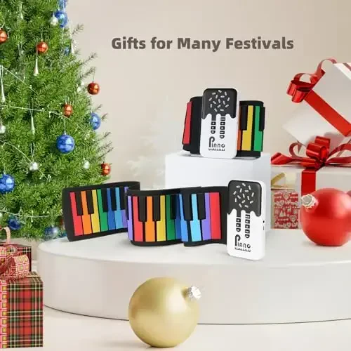 POGOLAB 49 Key Roll Up Keyboard Piano, Portable Digital Electric Foldable Piano Keyboard, Rechargeable, 8 Tones, 6 Educational Demo Songs, for Beginners Gift (Rainbow) - 2