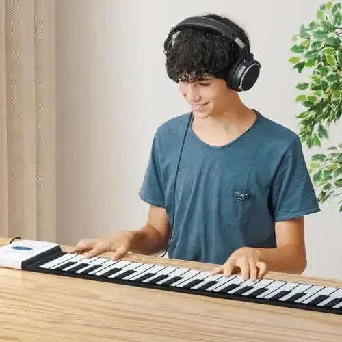 POGOLAB 49 Key Roll Up Keyboard Piano, Portable Digital Electric Foldable Piano Keyboard, Rechargeable, 47 Tones, 14 Educational Demo Songs, for Beginners Gift (Black & White Key) - 4