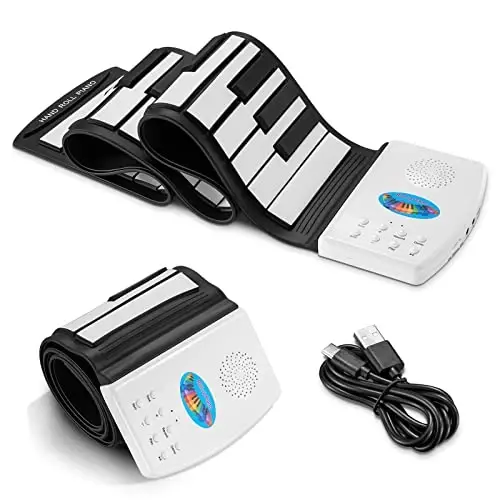 POGOLAB 49 Key Roll Up Keyboard Piano, Portable Digital Electric Foldable Piano Keyboard, Rechargeable, 47 Tones, 14 Educational Demo Songs, for Beginners Gift (Black & White) 