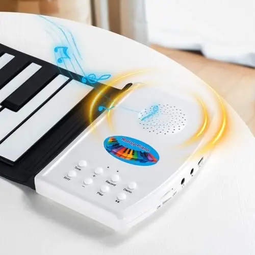 POGOLAB 49 Key Roll Up Keyboard Piano, Portable Digital Electric Foldable Piano Keyboard, Rechargeable, 47 Tones, 14 Educational Demo Songs, for Beginners Gift (Black & White) - 5
