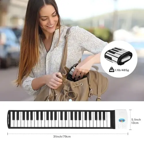 POGOLAB 49 Key Roll Up Keyboard Piano, Portable Digital Electric Foldable Piano Keyboard, Rechargeable, 47 Tones, 14 Educational Demo Songs, for Beginners Gift (Black & White) - 6