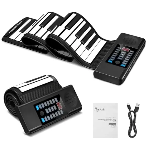 POGOLAB 61 Keys Roll Up Keyboard Piano, Portable Electric Foldable Piano with LED Display, Rechargeable & USB-MIDI Output, Built-in 15 Demos, 128 Tons, 128 RhytModazones, Music Gift for Beginners - 1