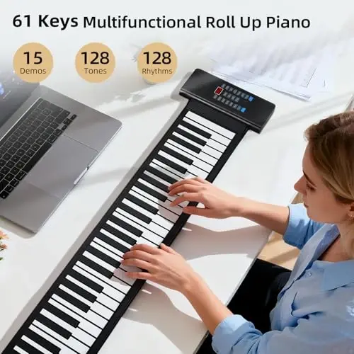 POGOLAB 61 Keys Roll Up Keyboard Piano, Portable Electric Foldable Piano with LED Display, Rechargeable & USB-MIDI Output, Built-in 15 Demos, 128 Tons, 128 RhytModazones, Music Gift for Beginners - 3