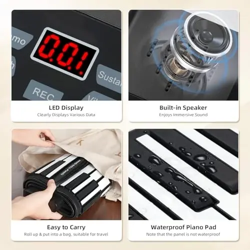 POGOLAB 61 Keys Roll Up Keyboard Piano, Portable Electric Foldable Piano with LED Display, Rechargeable & USB-MIDI Output, Built-in 15 Demos, 128 Tons, 128 RhytModazones, Music Gift for Beginners - 4