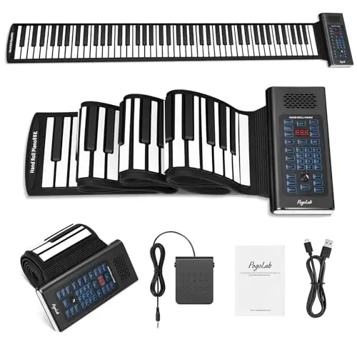 POGOLAB 88 Keys Roll Up Keyboard Piano, Portable Electric Foldable Piano with Sustain Pedal, 20 Songs, 128 Tones, 128 RhytModazones, Rechargeable & Wireless BT, Music Gift for Beginners (with LED Display) - POGOLAB