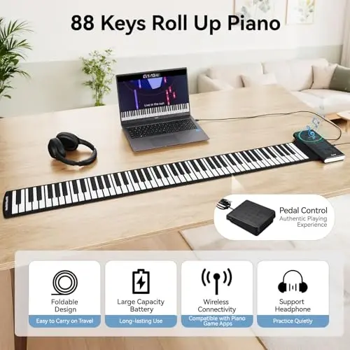 POGOLAB 88 Keys Roll Up Keyboard Piano, Portable Electric Foldable Piano with Sustain Pedal, 20 Songs, 128 Tones, 128 RhytModazones, Rechargeable & Wireless BT, Music Gift for Beginners (with LED Display) - 2