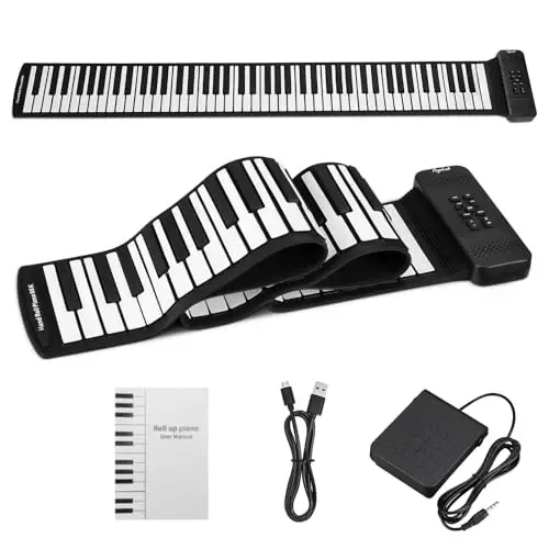 POGOLAB 88 tugmali oʻraladigan klaviatura pianino, portativ elektr yigʻma pianino, sustain pedali, 14 ta qoʻshiq, 128 ta ton, 128 ta ritm, qayta zaryadlanuvchi & qoʻshaloq BT funksiyasi, yangi boshlanuvchilar uchun musiqa sovgʻasi - POGOLAB