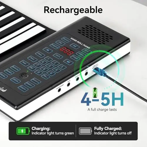 POGOLAB 88 Tugmali O‘raladigan Pianino, Sustain Pedalli Ko‘chma Elektr Buklama Pianino, 20 Ta Qo‘shiq, 128 Ta Ohang, 128 Ta Ritm, Zaryadlanuvchi va Simsiz BT, Yangi Boshlovchilar uchun Musiqa Sovg‘asi (LED displeyli) - 4