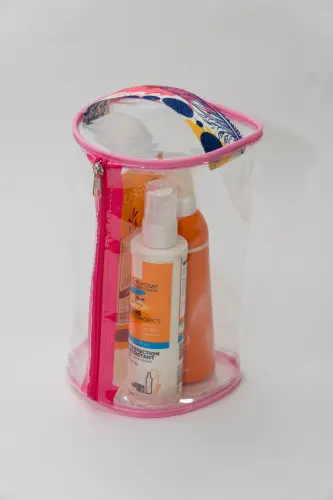 Point Desen Büyük Boy El Tutmalı Pembe Şeffaf Tatil, Plaj, Kozmetik ,makyaj Ve Bakım Çantası-Pembe - ROF BAG (1)