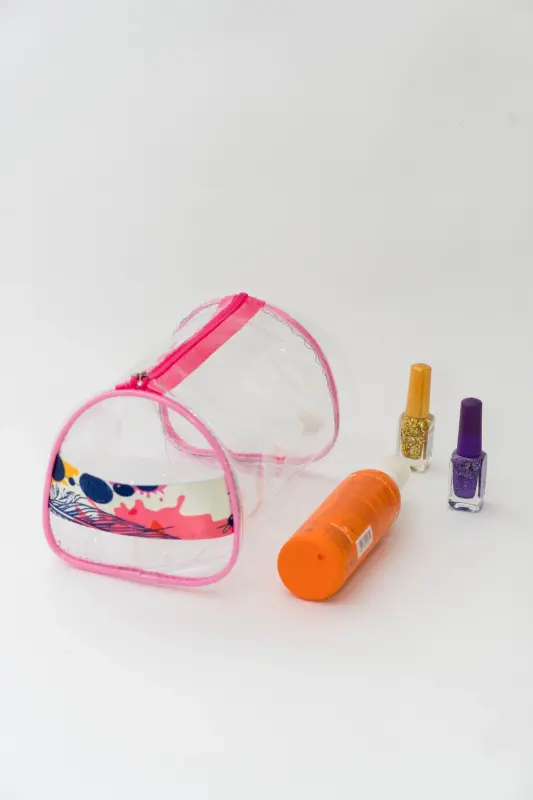 Point Desen Büyük Boy El Tutmalı Pembe Şeffaf Tatil, Plaj, Kozmetik ,makyaj Ve Bakım Çantası-Pembe - ROF BAG