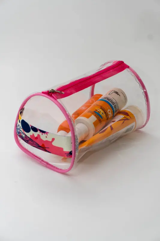 Point Pattern Large Handheld Pink Transparent Holiday, Beach, Cosmetic, Makeup and Care Bag-Pink - 3