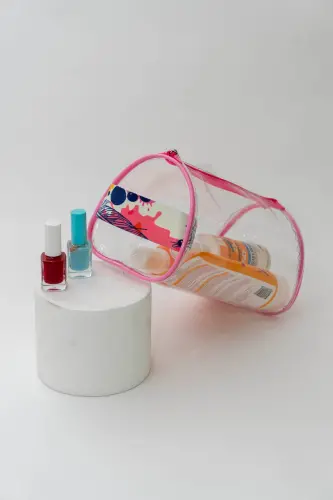 Point Pattern Large Handheld Pink Transparent Holiday, Beach, Cosmetic, Makeup and Care Bag-Pink - 4