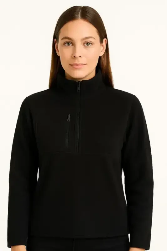 Polar Fleece - Stand-up Collar, Half Zipper, Zipped Chest Pocket, Black Trim, Winter Comfortable Regular Fit Daily Model - Black - 1