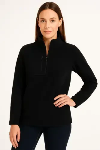 Polar Fleece - Stand-up Collar, Half Zipper, Zipped Chest Pocket, Black Trim, Winter Comfortable Regular Fit Daily Model - Black - 2