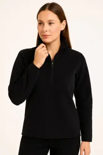 Polar Fleece - Stand-up Collar, Half Zipper, Zipped Chest Pocket, Black Trim, Winter Comfortable Regular Fit Daily Model - Black - 3