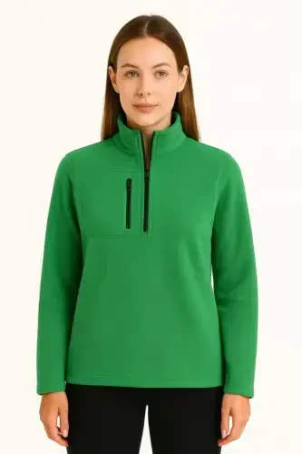 Polar Fleece - Stand-up Collar, Half Zipper, Zipped Chest Pocket, Black Trim, Winter Relaxed Regular Fit Daily Model - Green - 2