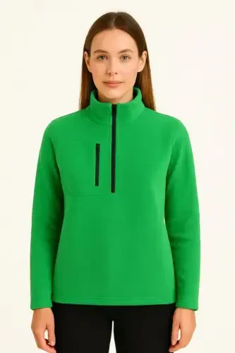 Polar Fleece - Stand-up Collar, Half Zipper, Zipped Chest Pocket, Black Trim, Winter Relaxed Regular Fit Daily Model - Green - 3