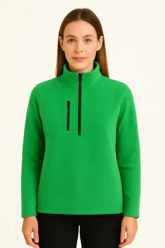 Polar Fleece - Stand-up Collar, Half Zipper, Zipped Chest Pocket, Black Trim, Winter Relaxed Regular Fit Daily Model - Green - 3
