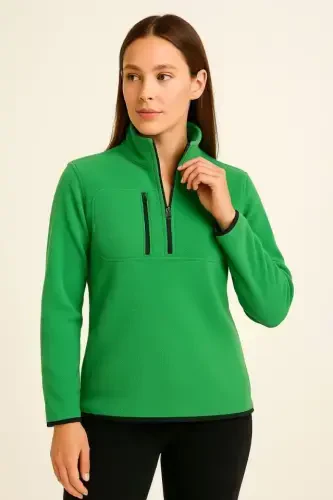Polar Fleece - Stand-up Collar, Half Zipper, Zipped Chest Pocket, Black Trim, Winter Relaxed Regular Fit Daily Model - Green - 4