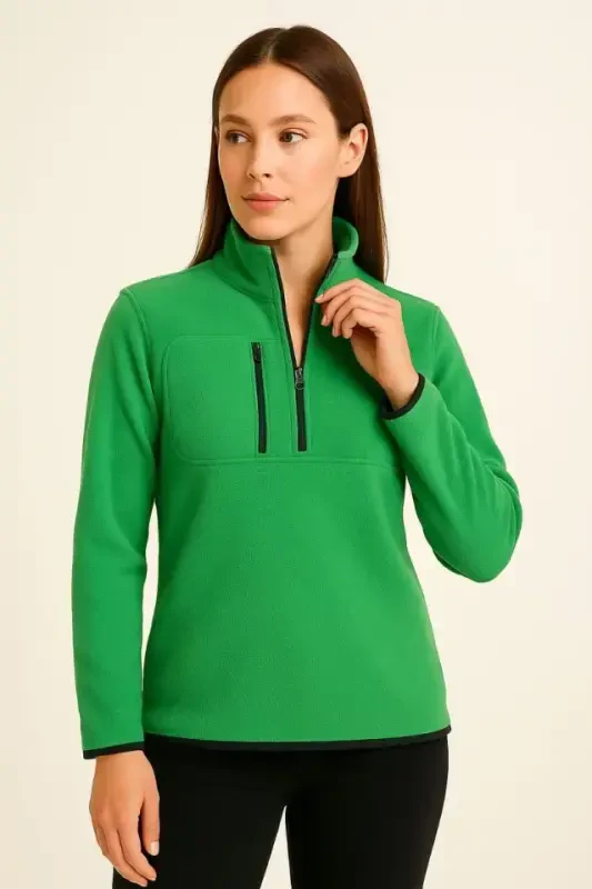 Polar Fleece - Stand-up Collar, Half Zipper, Zipped Chest Pocket, Black Trim, Winter Relaxed Regular Fit Daily Model - Green - 4