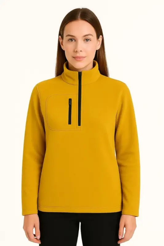 Polar Kazak – Dik Yaka, Yarım Fermuarlı, Fermuarlı Göğüs Cepli, Siyah Biyeli, Kışlık Rahat Regular Fit Günlük Model - Sarı - 2