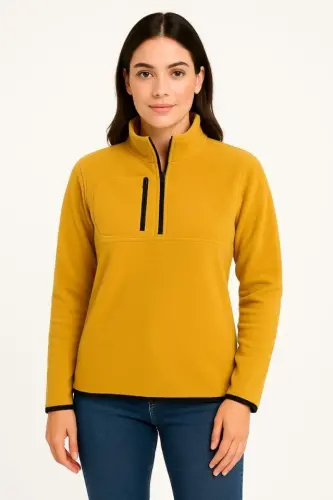 Polar Kazak – Dik Yaka, Yarım Fermuarlı, Fermuarlı Göğüs Cepli, Siyah Biyeli, Kışlık Rahat Regular Fit Günlük Model - Sarı - 3